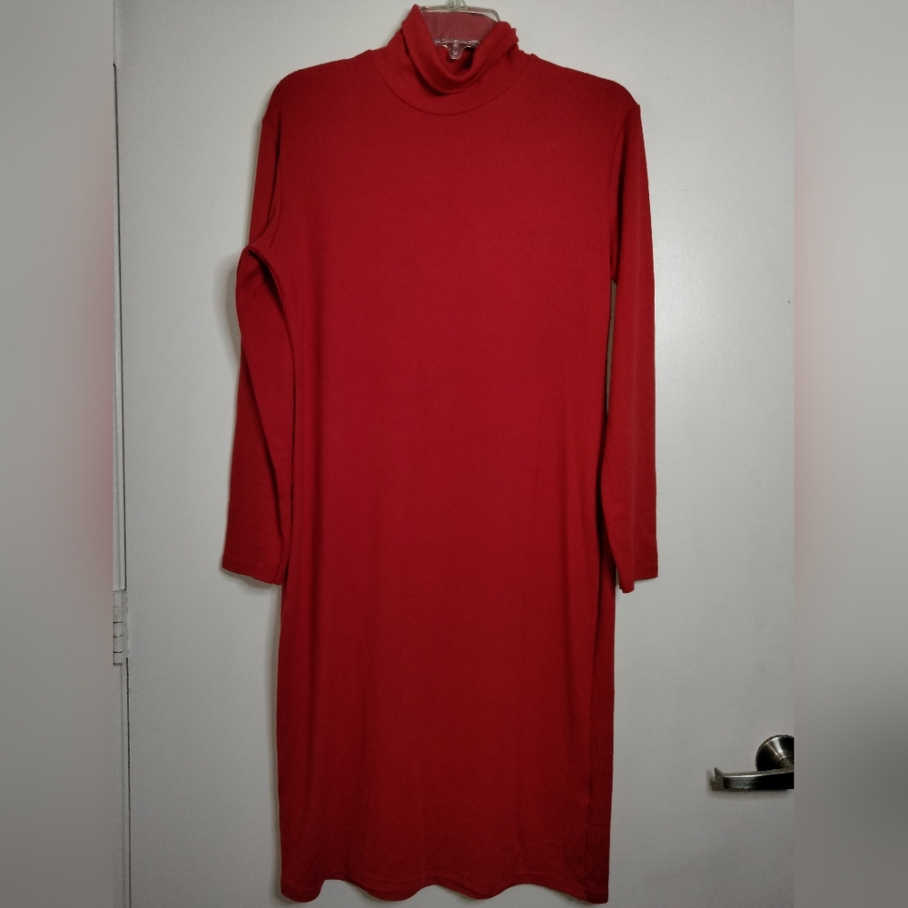 Acevog (Size XXL) Red Stretch Turtleneck Long Sleeve Basic Layer Midi Dress
